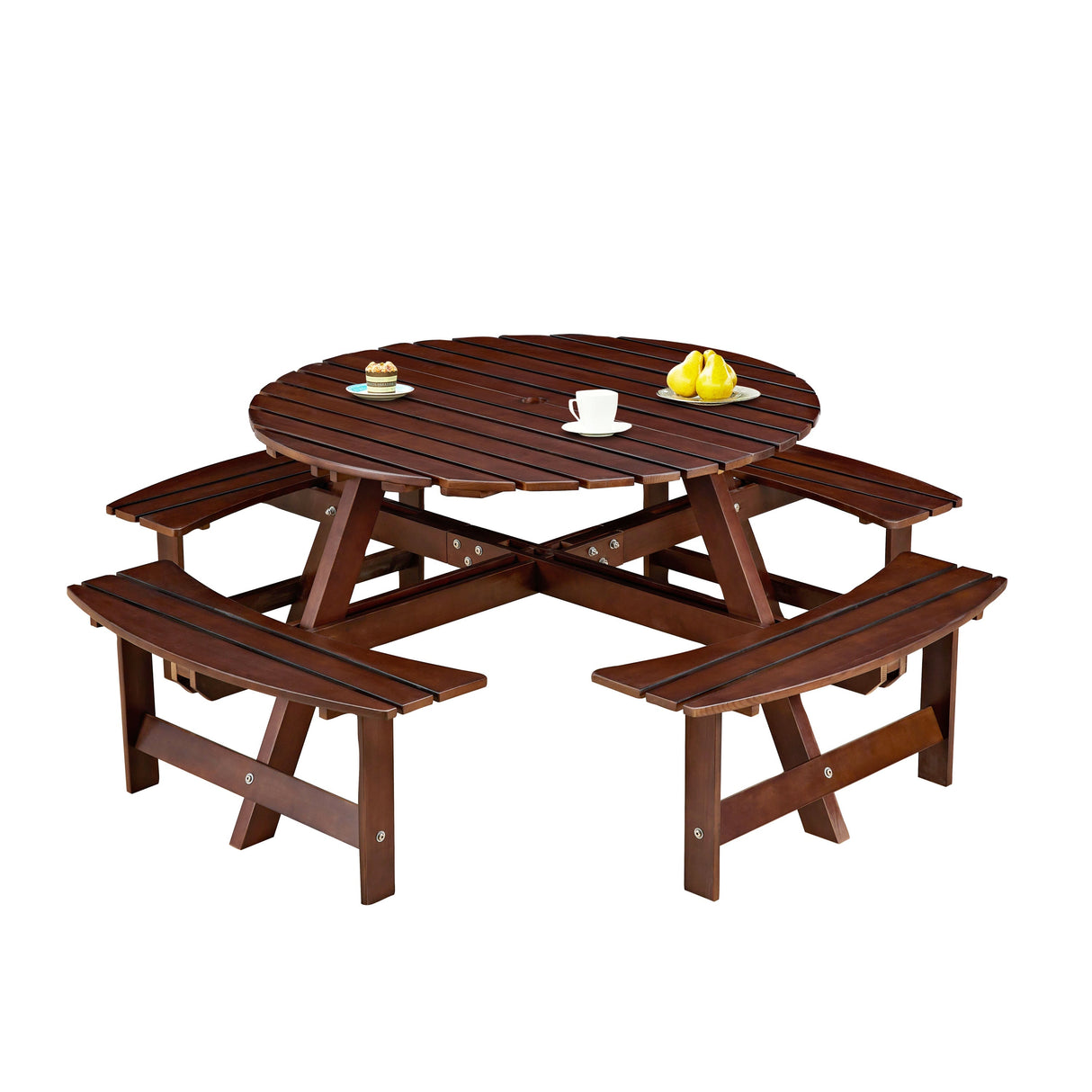 Outdoor 8 Person Round Picnic Table with Built-in Benches and Umbrella Hole