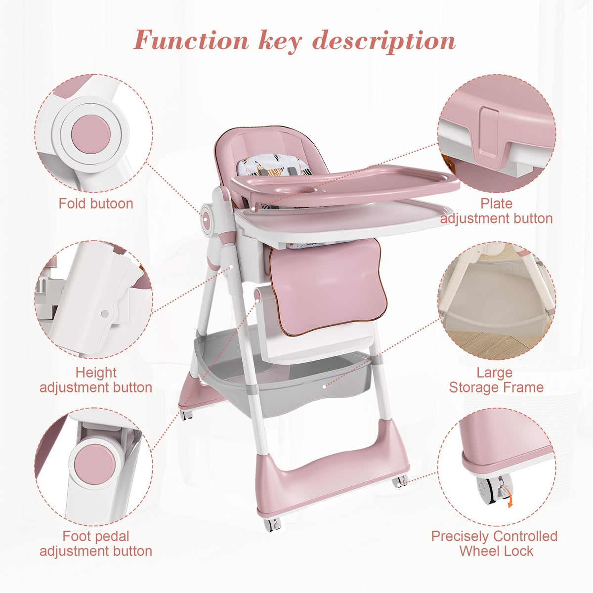 Adjustable Baby High Chair with Safety Belt and Lockable Wheels – Pink