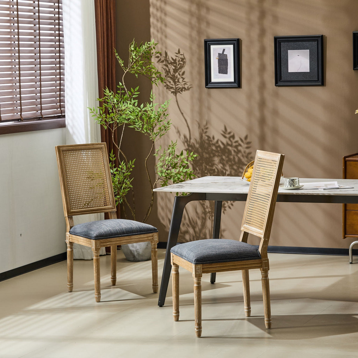 French Country Dining Chair With Rectangular Cane Backrest And Smooth Upholstered Seating