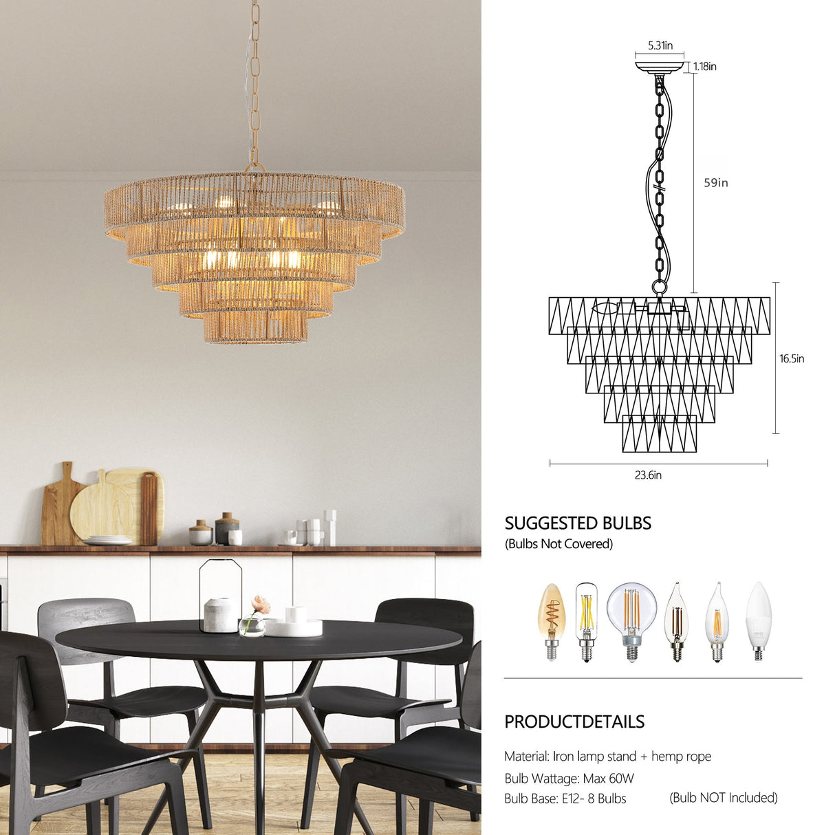 24" Modern 5-Layer Woven Hemp Rope Chandelier