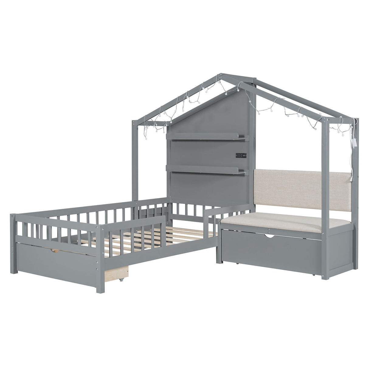 House Bed With Upholstered Sofa, Wireless Charging Station, Shelves And 2 Drawers
