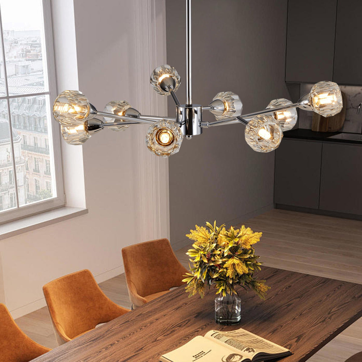 28" Modern Crystal Chandelier with 9 Lights - Chrome