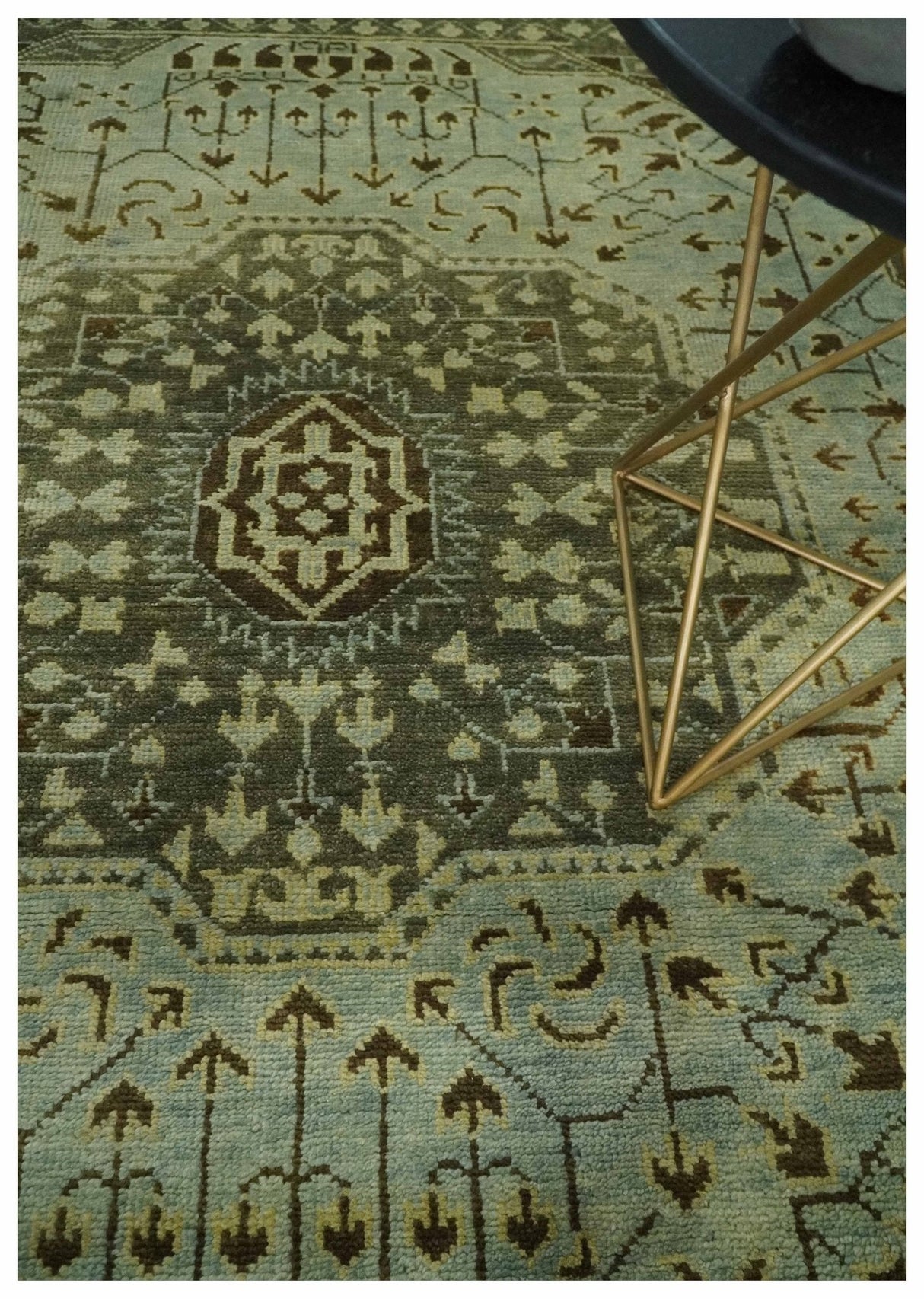 9x12 Antique Style Hand Knotted Green and Silver Medallion Pattern Wool Area Rug