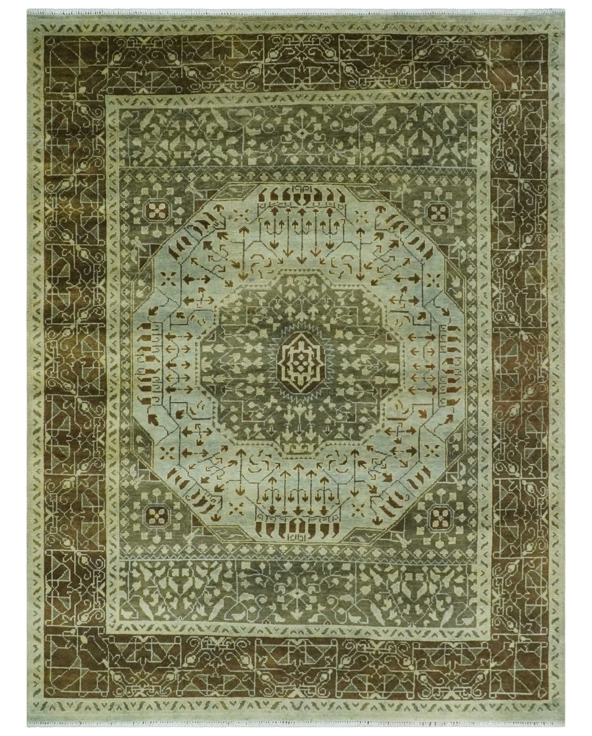 9x12 Antique Style Hand Knotted Green and Silver Medallion Pattern Wool Area Rug