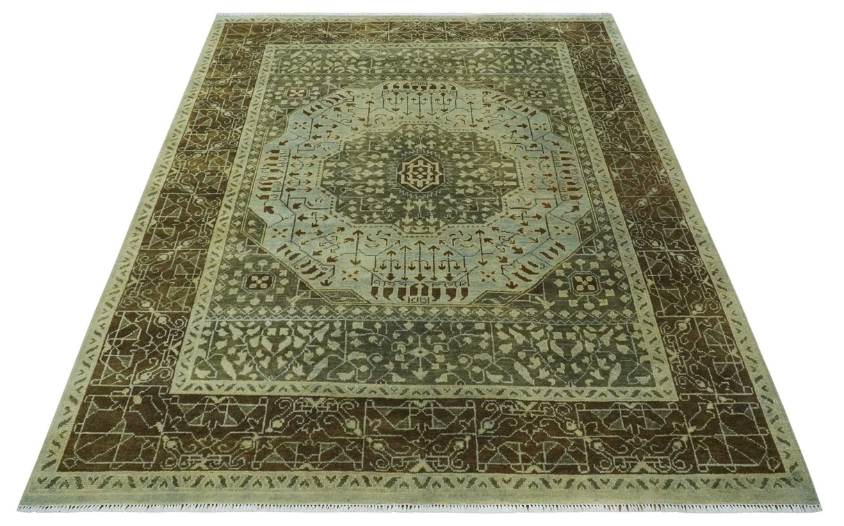 9x12 Antique Style Hand Knotted Green and Silver Medallion Pattern Wool Area Rug