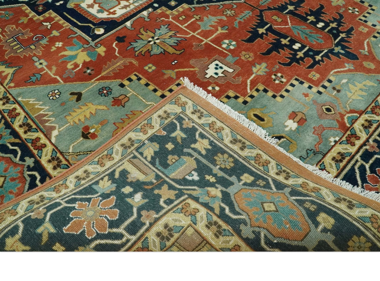 9x12 Fine Hand Knotted Rust, Blue and Aqua Traditional Heriz wool area rug