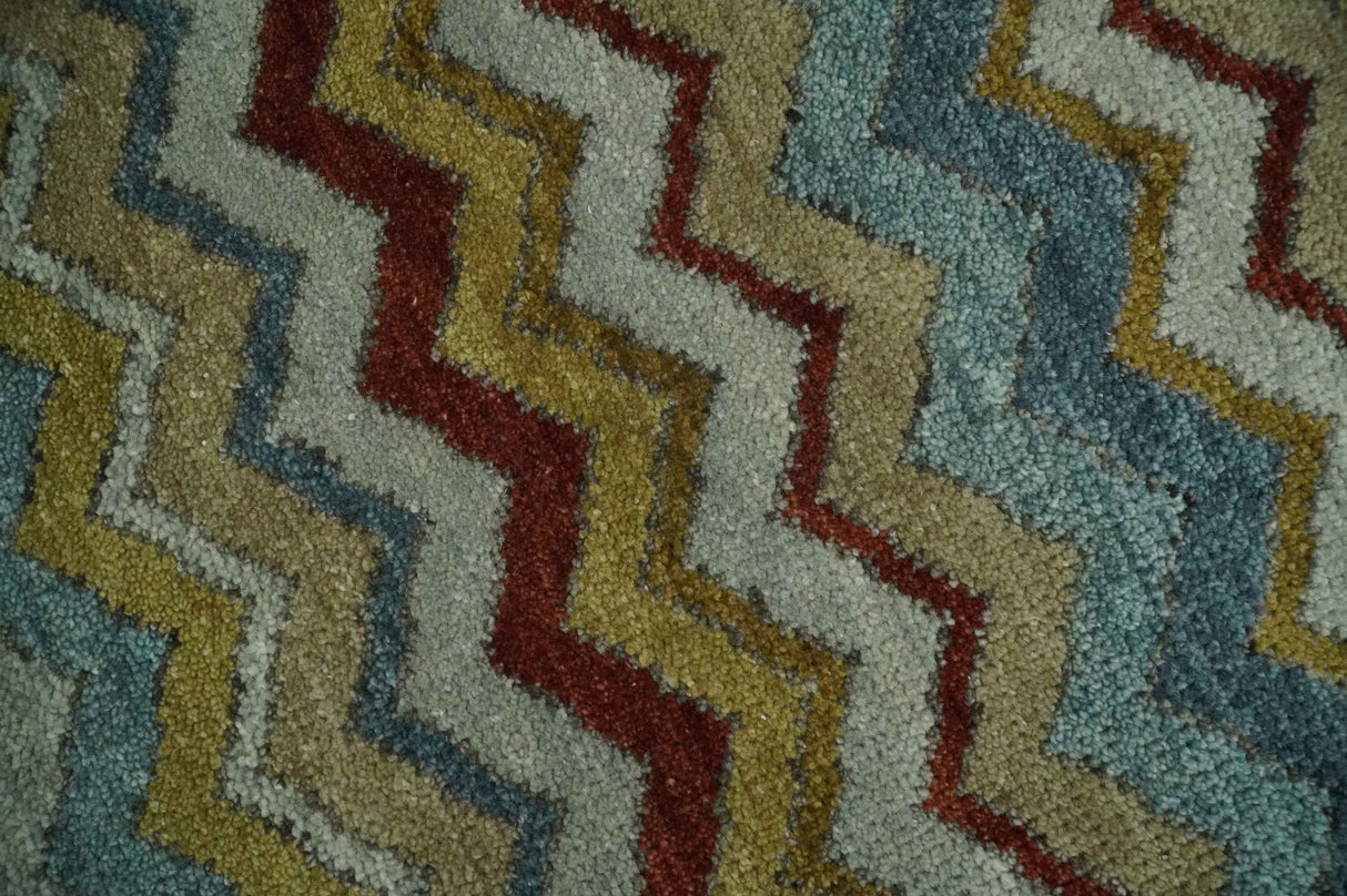 9x12 Gray, Maroon, Ivory and Mustard Stripes Pattern Hand knotted wool Area Rug