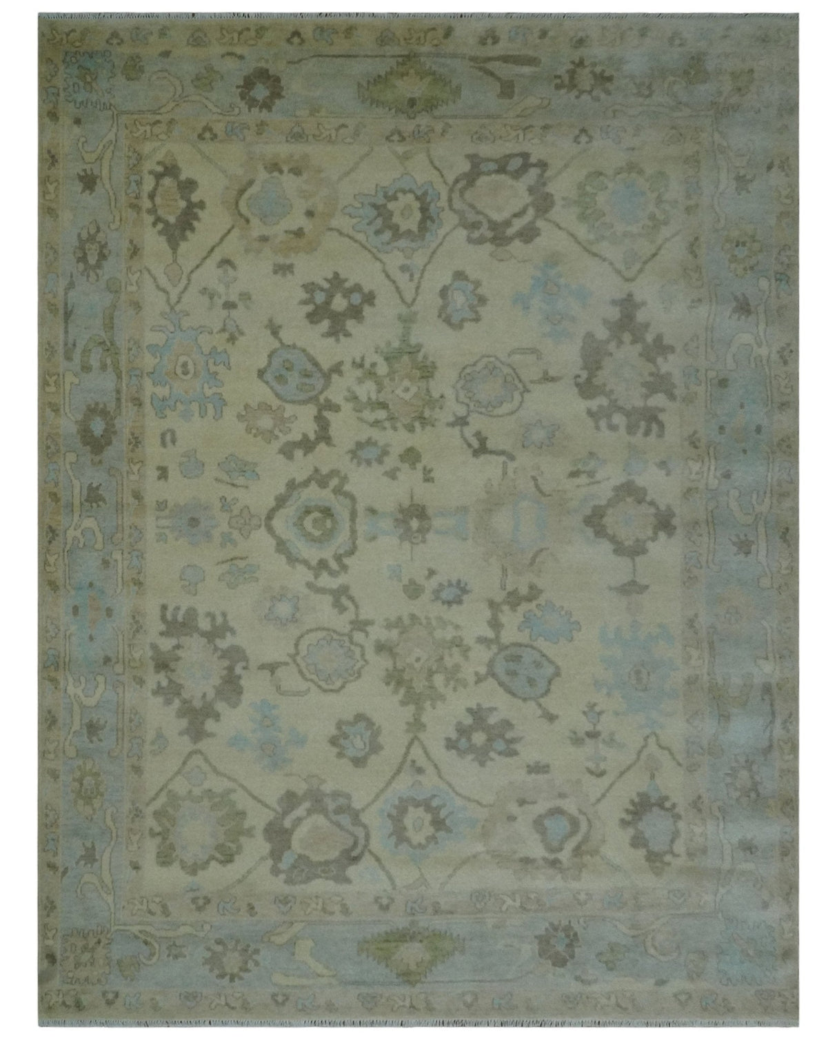 9x12 Hand Knotted Antique Style Beige and Silver Traditional Wool Rug