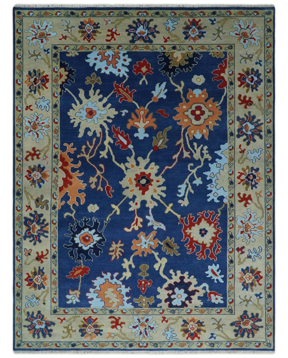 9x12 Hand Knotted Blue and Beige Colorful Oushak Wool Area Rug