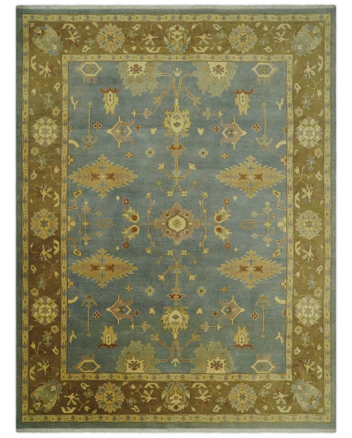 9x12 Hand Knotted Blue and Brown Traditional Antique Style Wool Area Rug