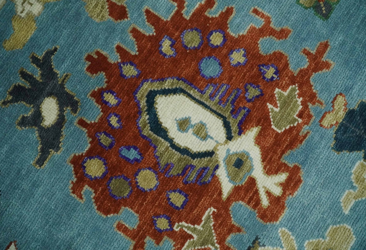 9x12 Hand Knotted Blue, Ivory and Gray vibrant Colorful Oushak Wool Area Rug