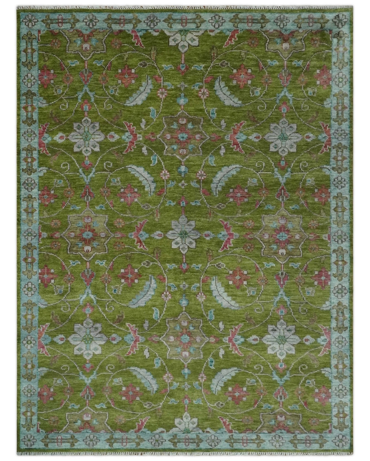 9x12 Hand Knotted Green, Silver and Maroon Traditional Wool Area Rug