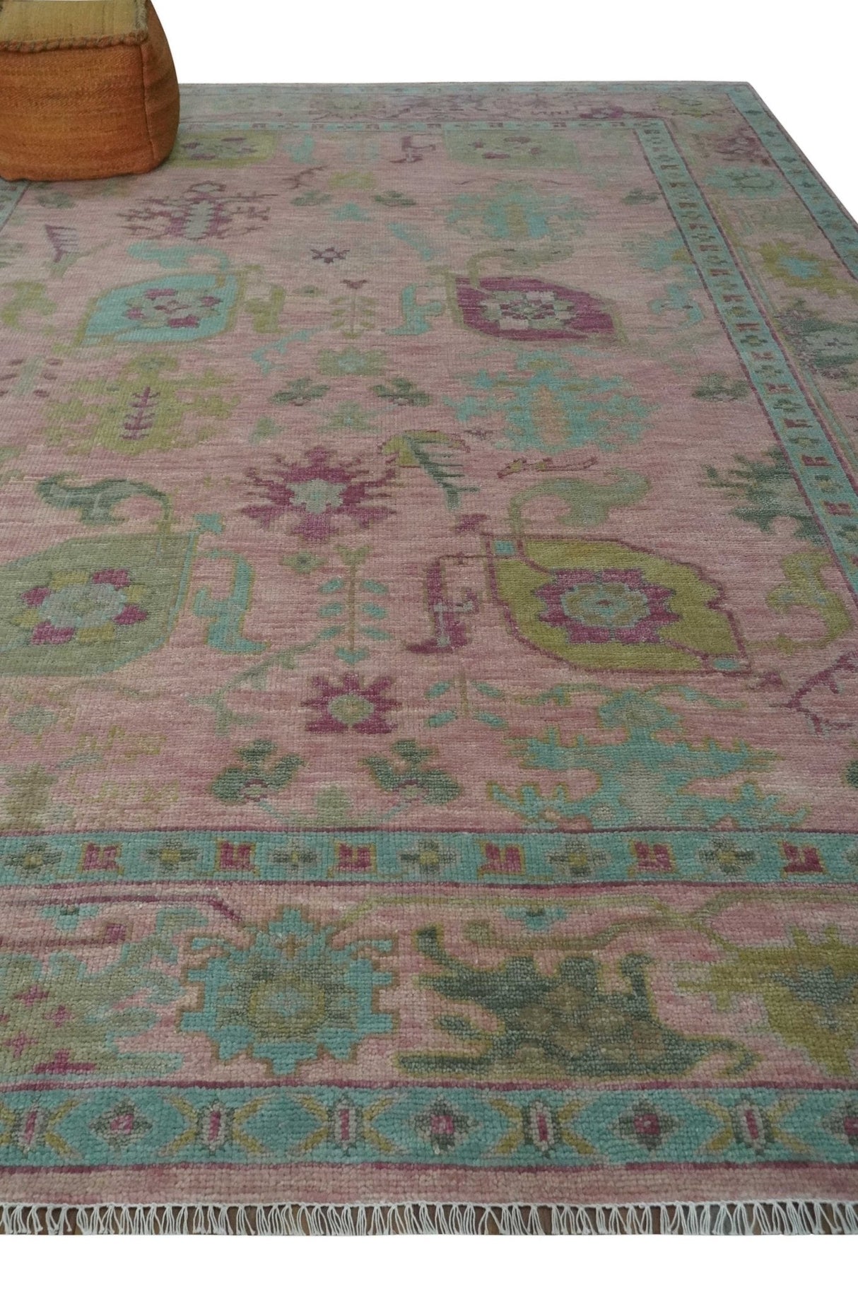 9x12 Hand Knotted Pink, Aqua and Purple Vibrant colorful Oushak Wool Area Rug