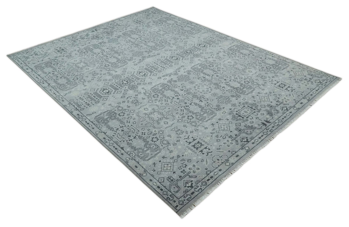 9x12 Hand Knotted Silver, Ivory and Charcoal Traditional Antique Style Wool Rug
