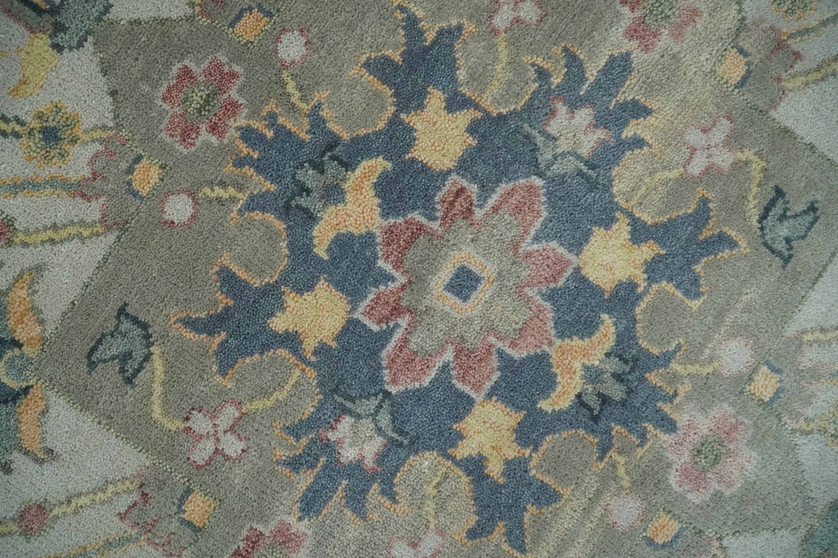 9x12 Medallion Hand Knotted Ivory, Teal and Olive Traditional Wool Area Rug