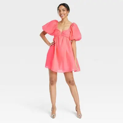 A New Day Women's Short Balloon Sleeves Sweetheart Neck Babydoll Dress