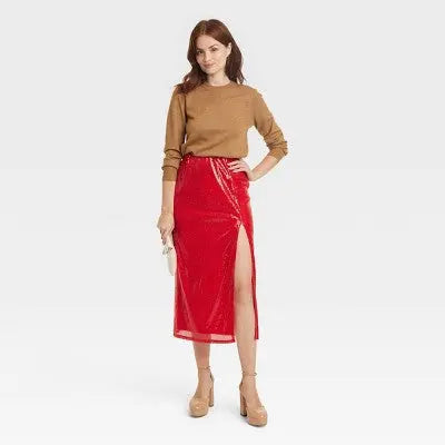 A New Day Women's Mid Rise Midi A-Line Sequin Satin A-Line Skirt