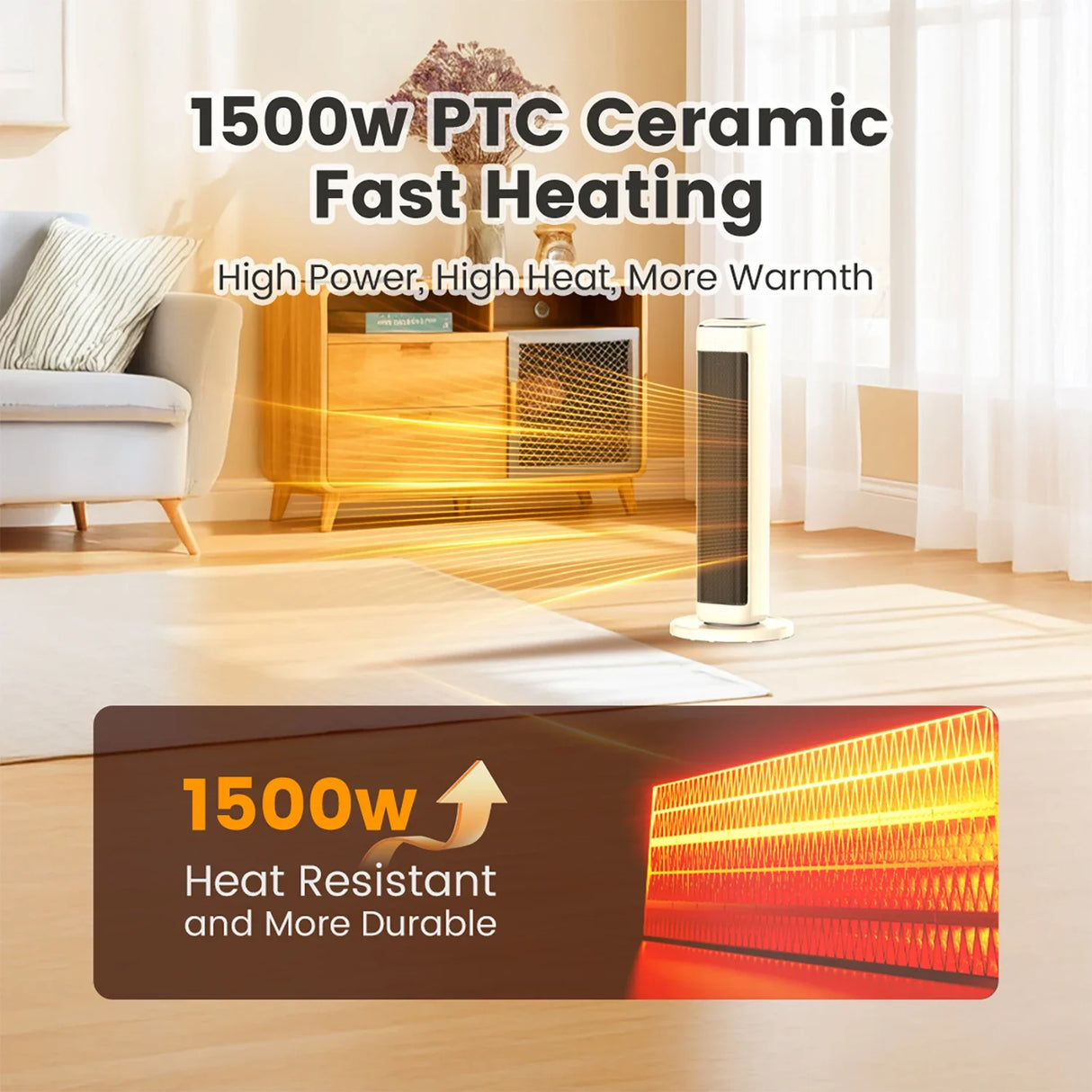 25" Ceramic Tower Space Heater – Electric Heater for Large Room with Thermostat