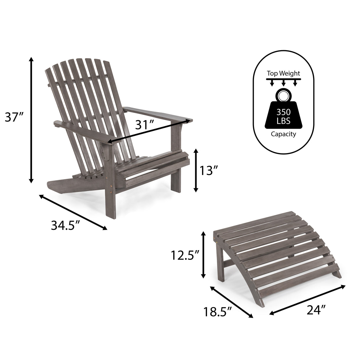 2-piece rustic acacia wood adirondack chair with detachable ottoman- 5 colors available