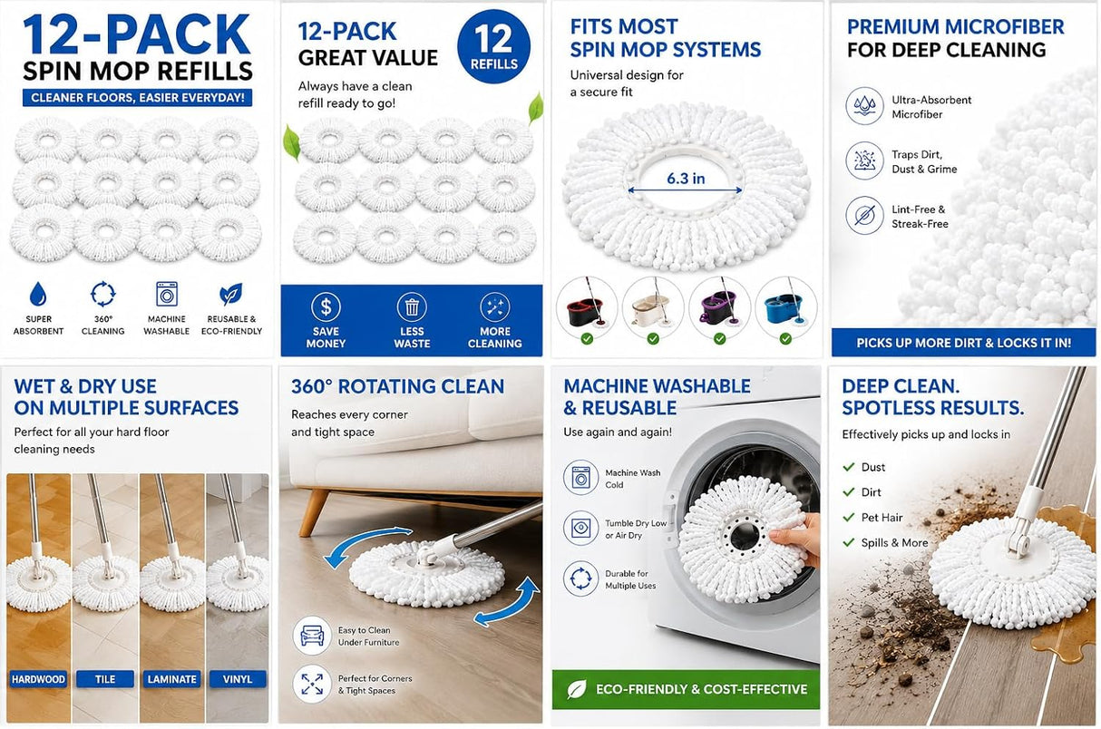 12-Pack Microfiber Spin Mop Replacement Heads – 360° Floor Cleaning Mop Refills