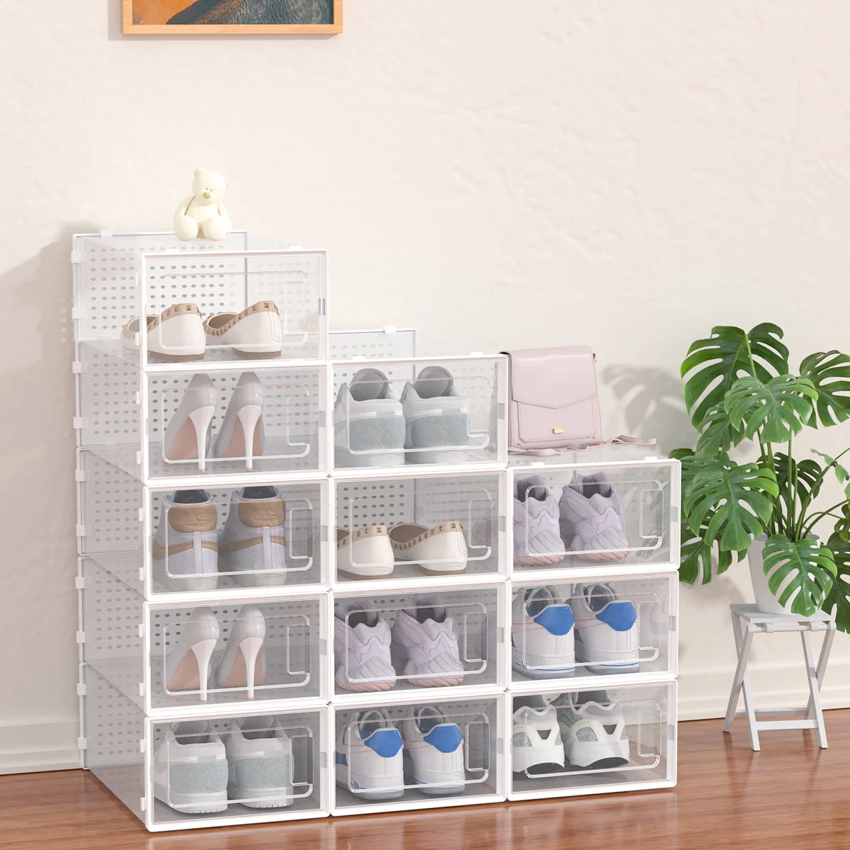 12 Pack of Plastic Stackable Shoe Boxes
