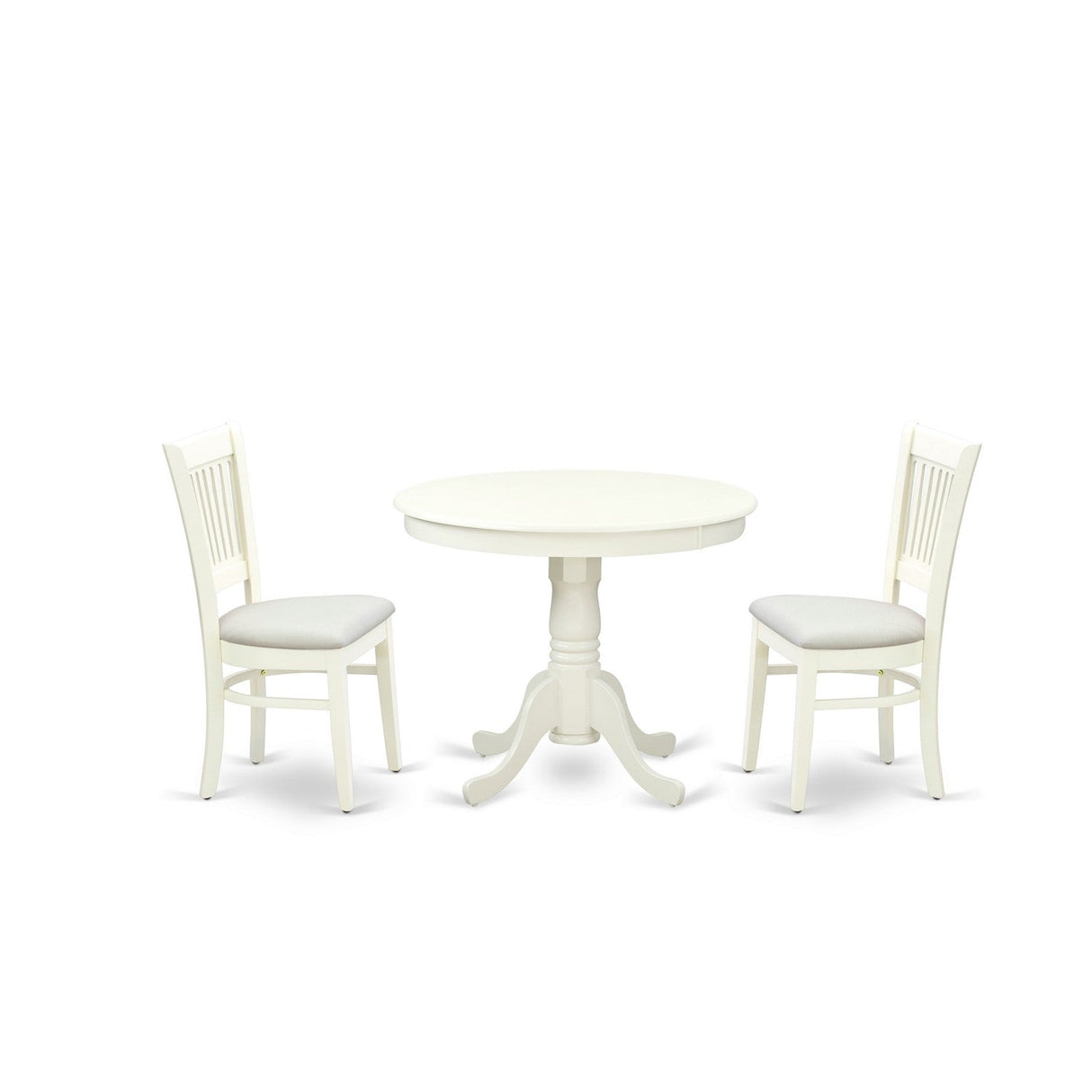 EAST WEST FURNITURE - ANVA3-LWH-C - 3-Pc Dining Room Table Set- 2 Wooden Chairs and Round Dining Table - Linen Fabric Seat and Slatted Chair Back (linen white Finish)