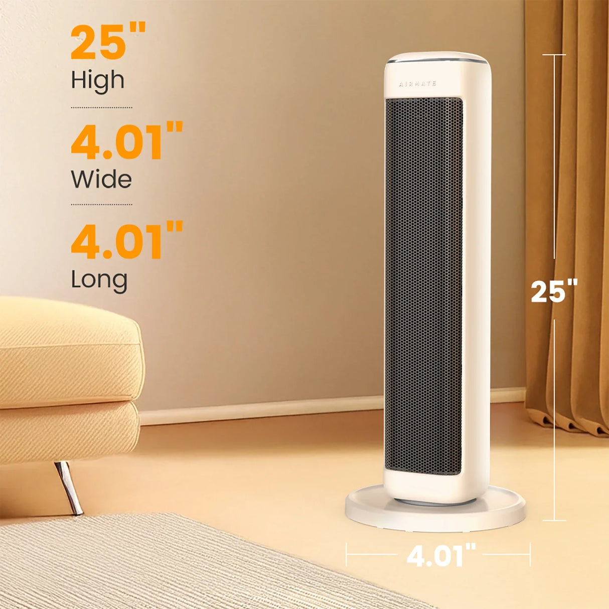 25" Ceramic Tower Space Heater – Electric Heater for Large Room with Thermostat
