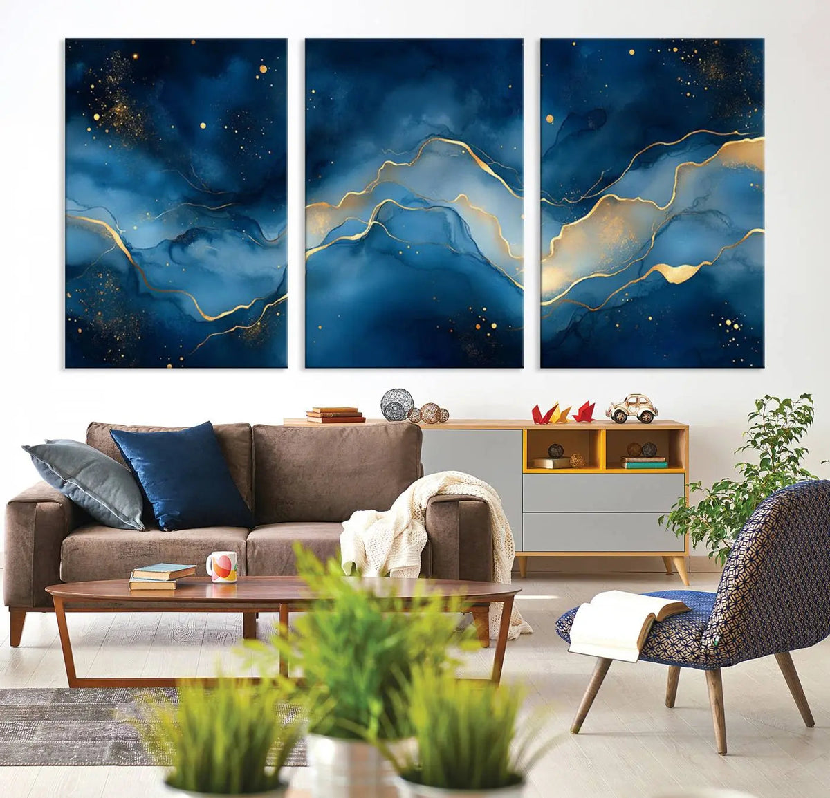 Abstract Blue Gold Wall Art Canvas Print – Modern Fluid