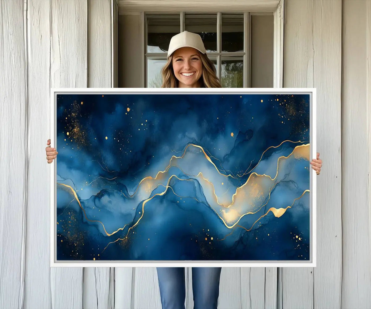 Abstract Blue Gold Wall Art Canvas Print – Modern Fluid