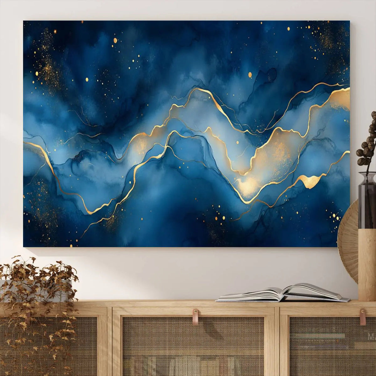 Abstract Blue Gold Wall Art Canvas Print – Modern Fluid