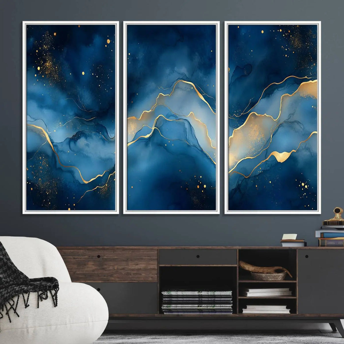 Abstract Blue Gold Wall Art Canvas Print – Modern Fluid