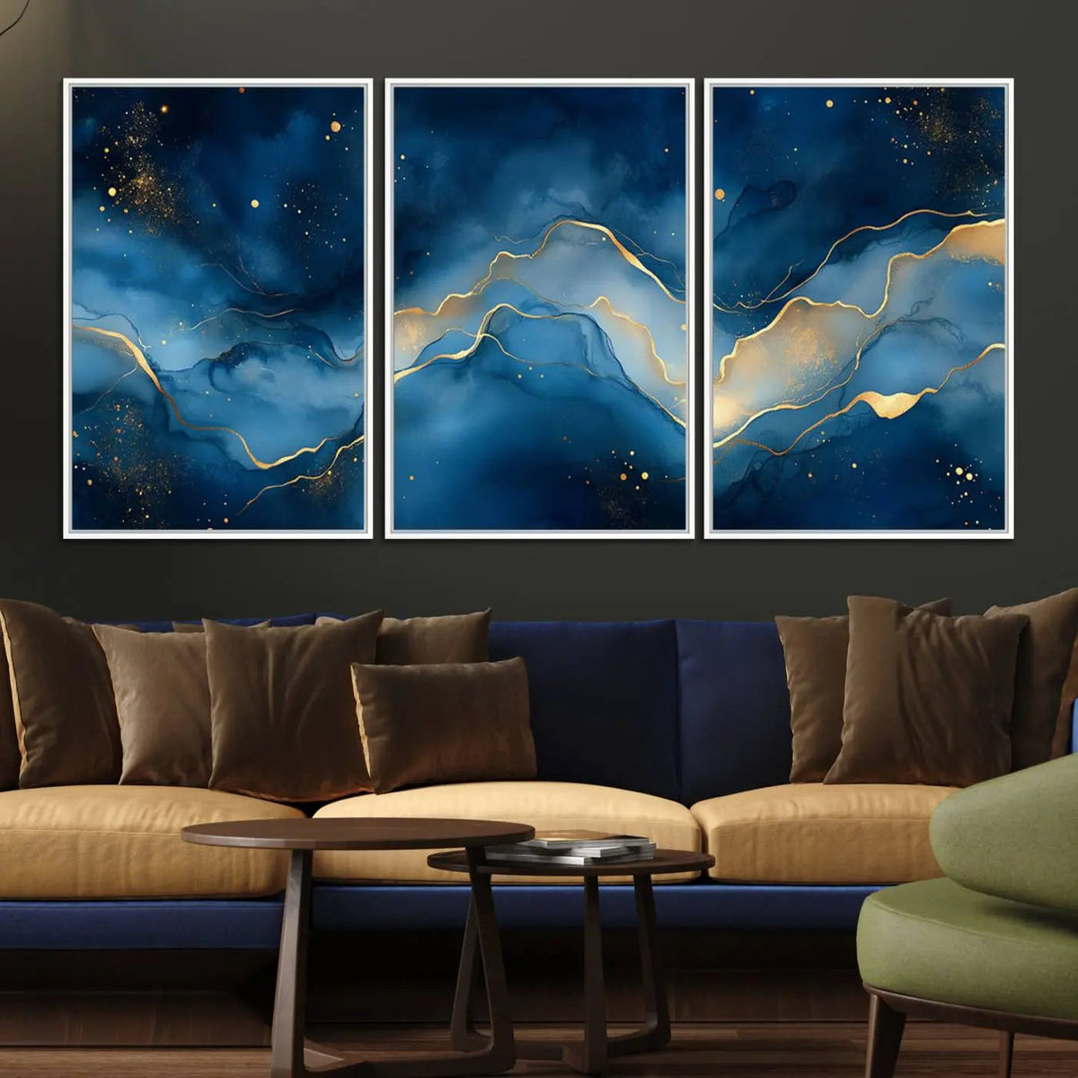 Abstract Blue Gold Wall Art Canvas Print – Modern Fluid
