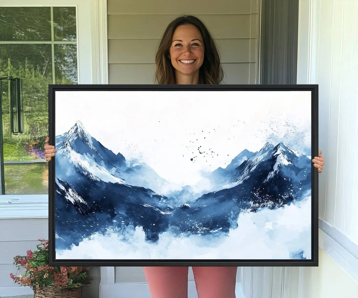 Abstract Deep Blue Mountain Wall Art Canvas Print – Snowy