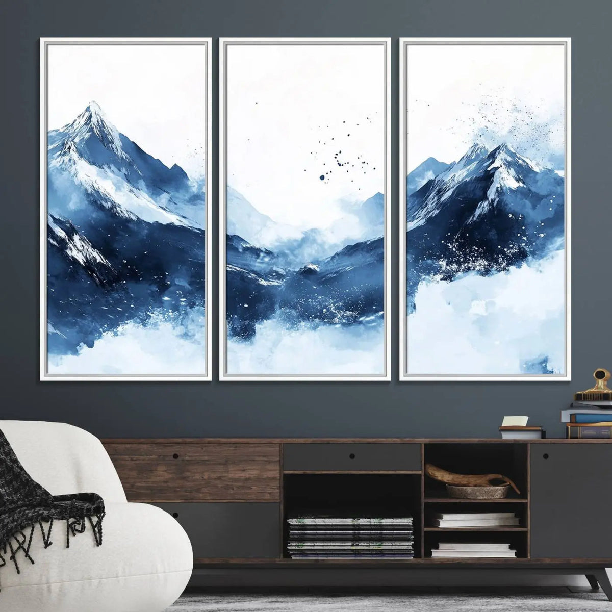 Abstract Deep Blue Mountain Wall Art Canvas Print – Snowy