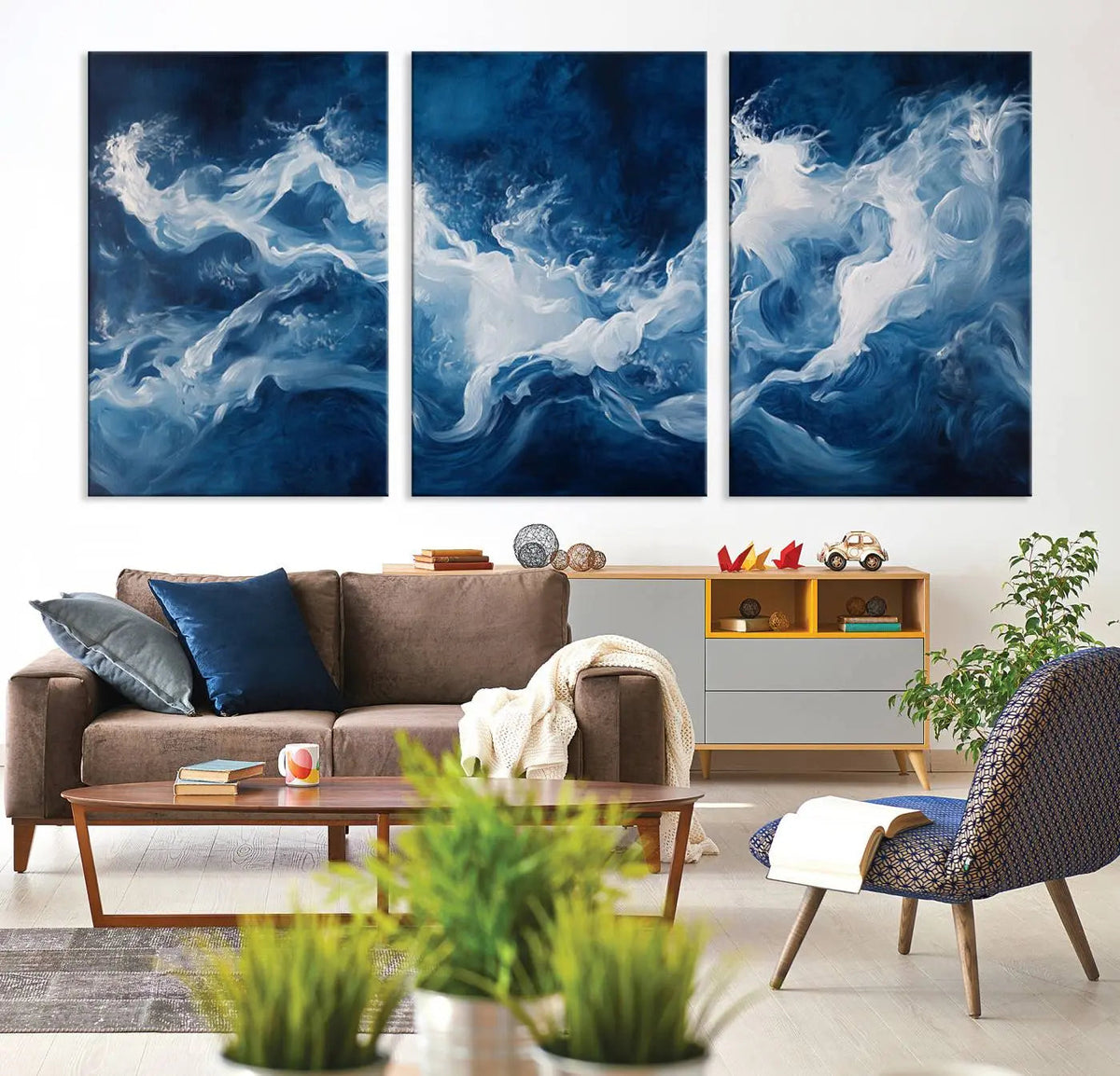 Abstract Ocean Storm Wall Art Canvas Print – Deep Blue White