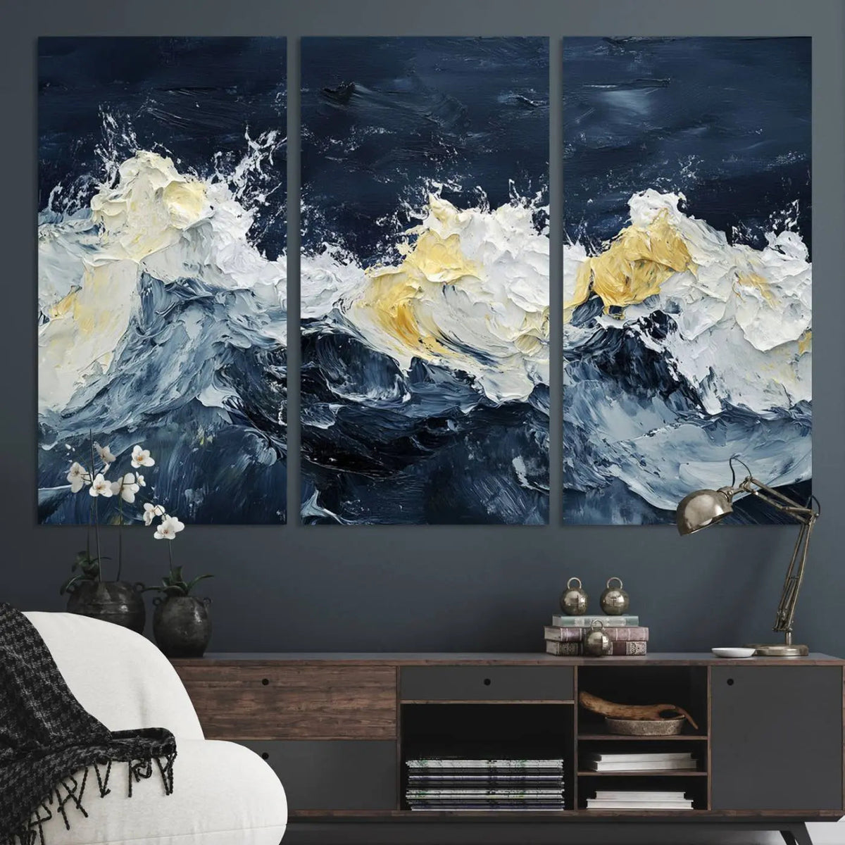 Abstract Ocean Waves Wall Art Canvas Print – Framed Blue