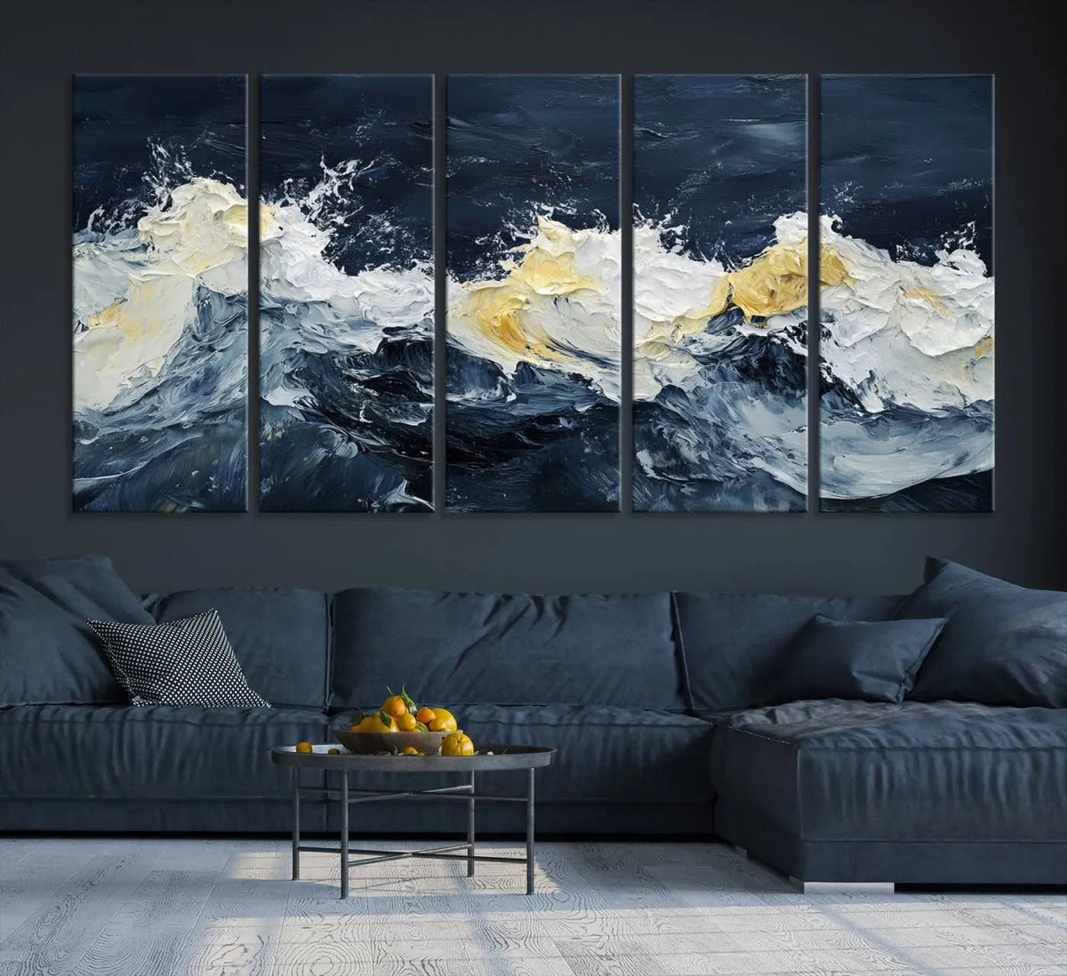 Abstract Ocean Waves Wall Art Canvas Print – Framed Blue