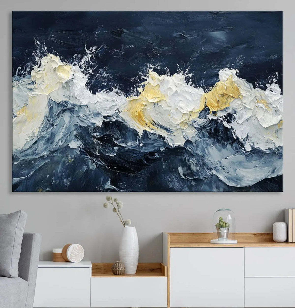 Abstract Ocean Waves Wall Art Canvas Print – Framed Blue