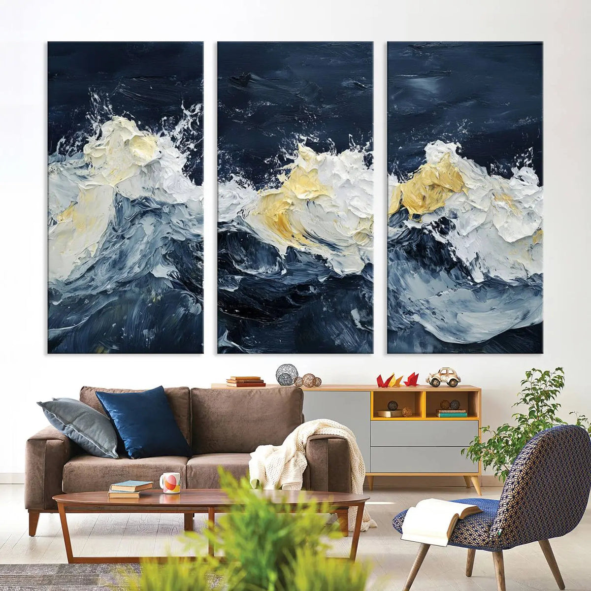Abstract Ocean Waves Wall Art Canvas Print – Framed Blue