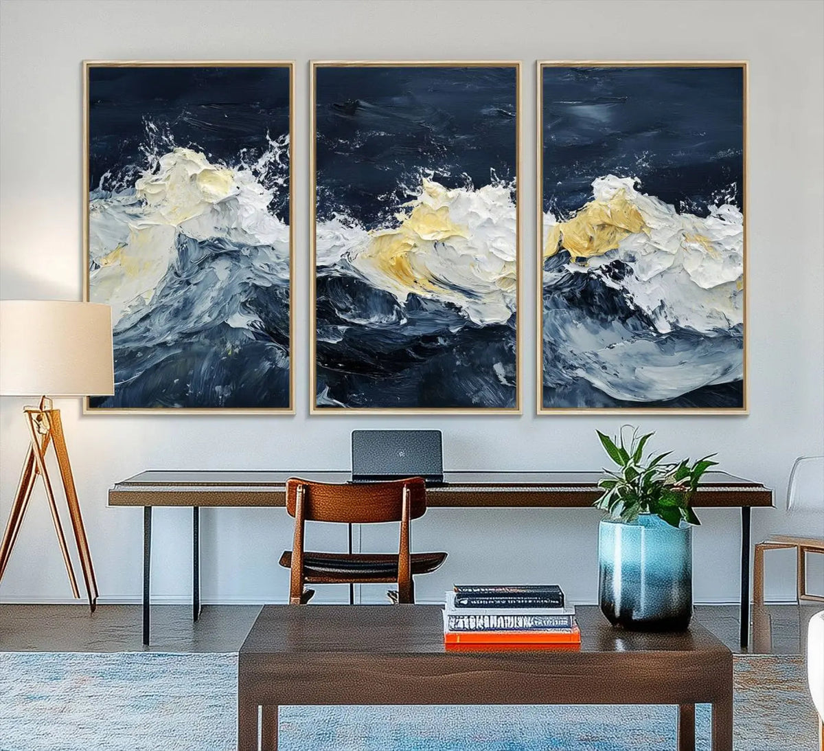 Abstract Ocean Waves Wall Art Canvas Print – Framed Blue