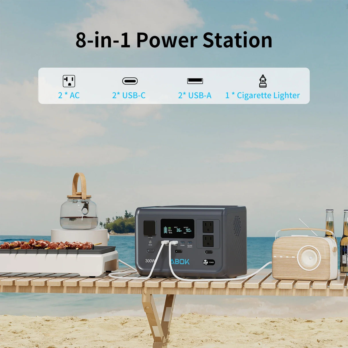 600W Peak Portable Power Station 2x300W AC LiFePO4 Fast Charge for Camping & Travel