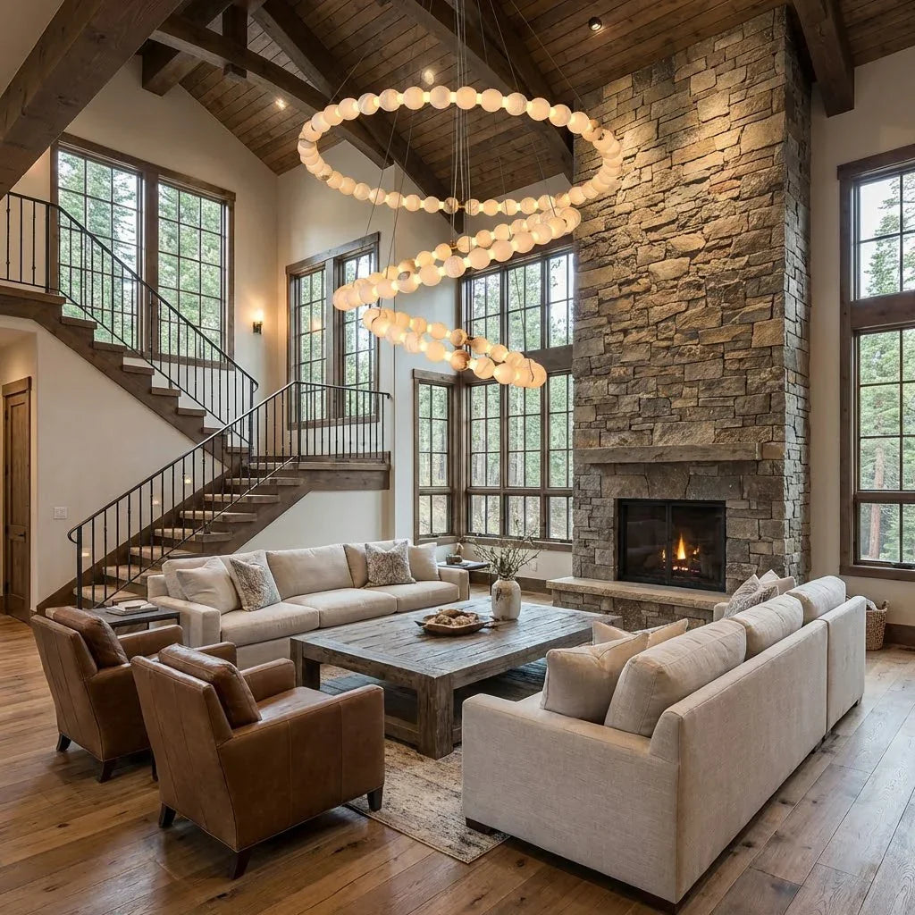 Alabaster Ring Chandelier – Gold Beaded LED Luxury Ceiling Light