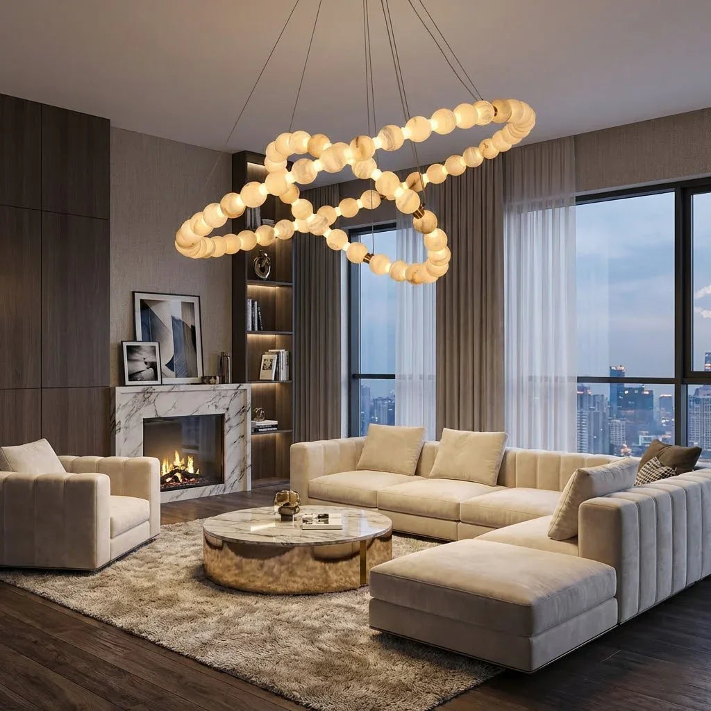 Alabaster Ring Chandelier – Gold Beaded LED Luxury Ceiling Light