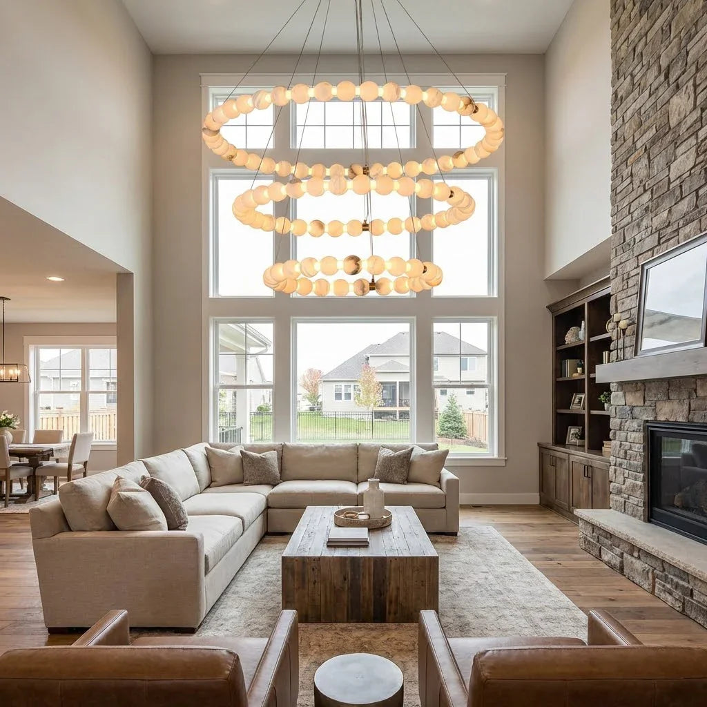 Alabaster Ring Chandelier – Gold Beaded LED Luxury Ceiling Light