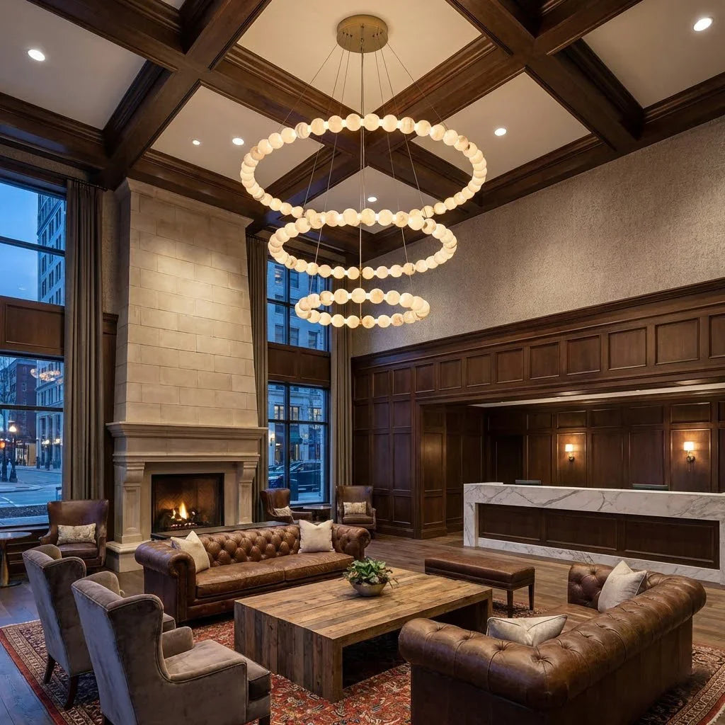 Alabaster Ring Chandelier – Gold Beaded LED Luxury Ceiling Light