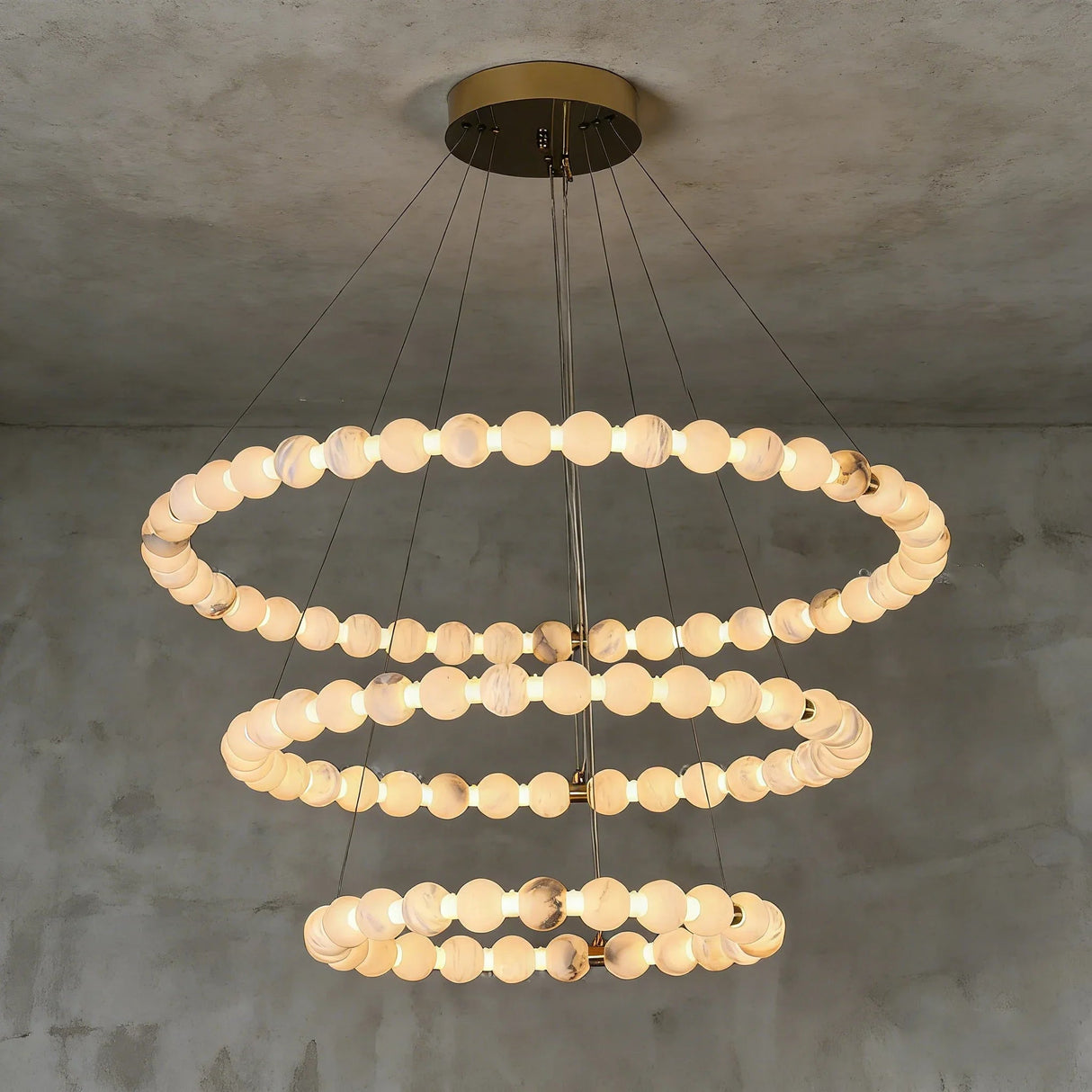 Alabaster Ring Chandelier – Gold Beaded LED Luxury Ceiling Light