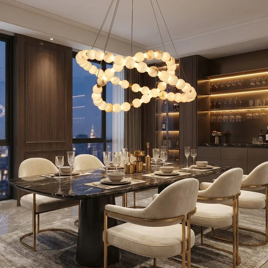 Alabaster Ring Chandelier – Gold Beaded LED Luxury Ceiling Light