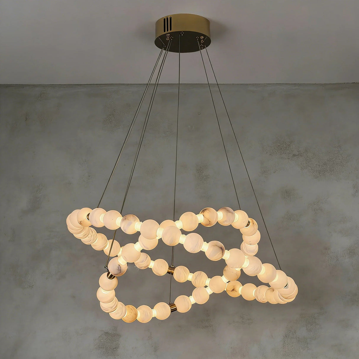 Alabaster Ring Chandelier – Gold Beaded LED Luxury Ceiling Light