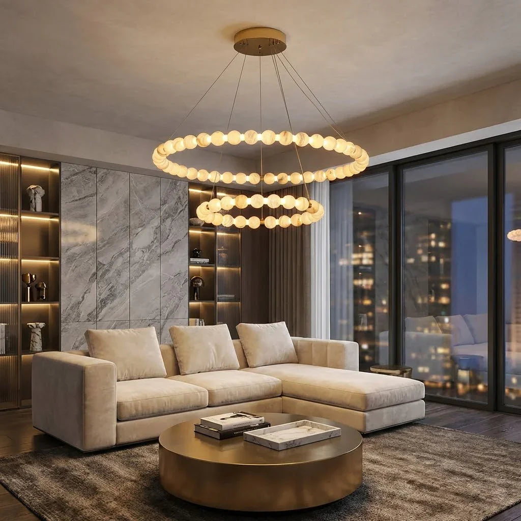 Alabaster Ring Chandelier – Gold Beaded LED Luxury Ceiling Light