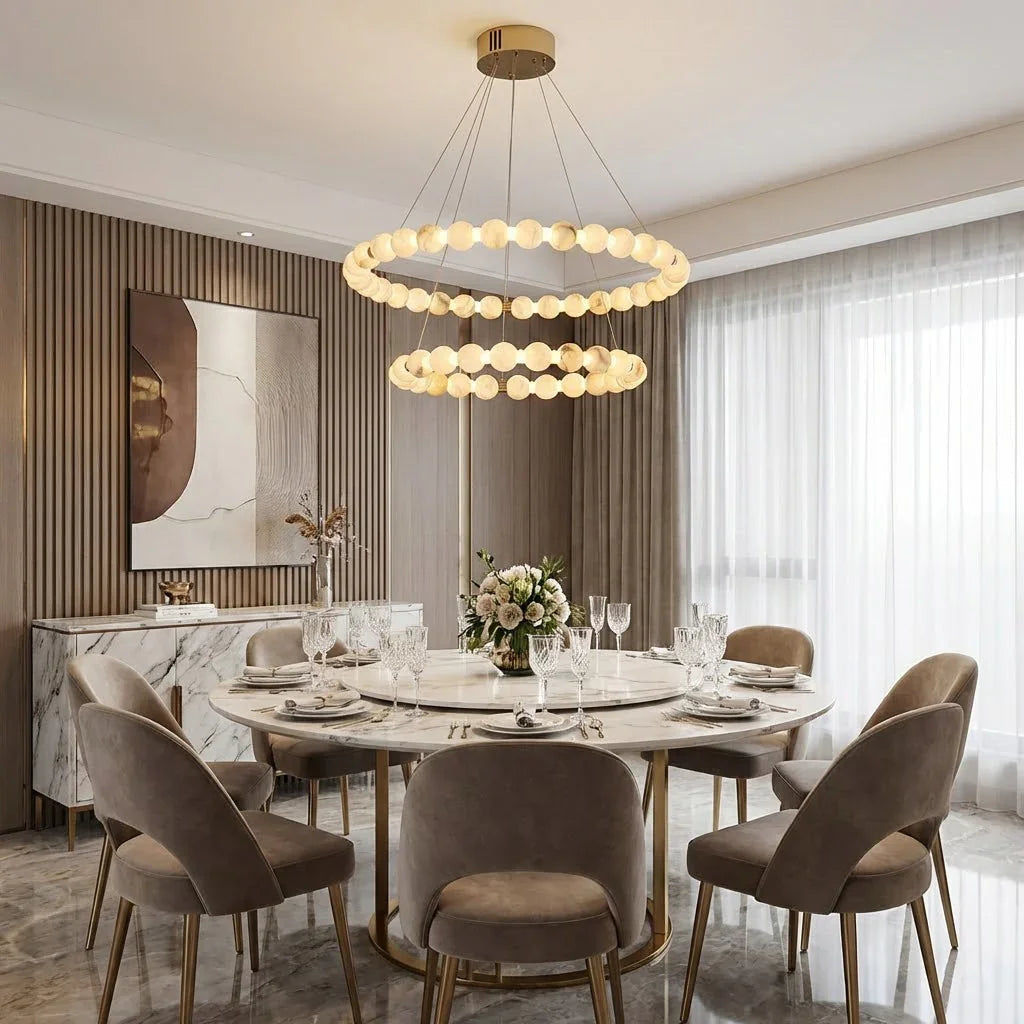 Alabaster Ring Chandelier – Gold Beaded LED Luxury Ceiling Light